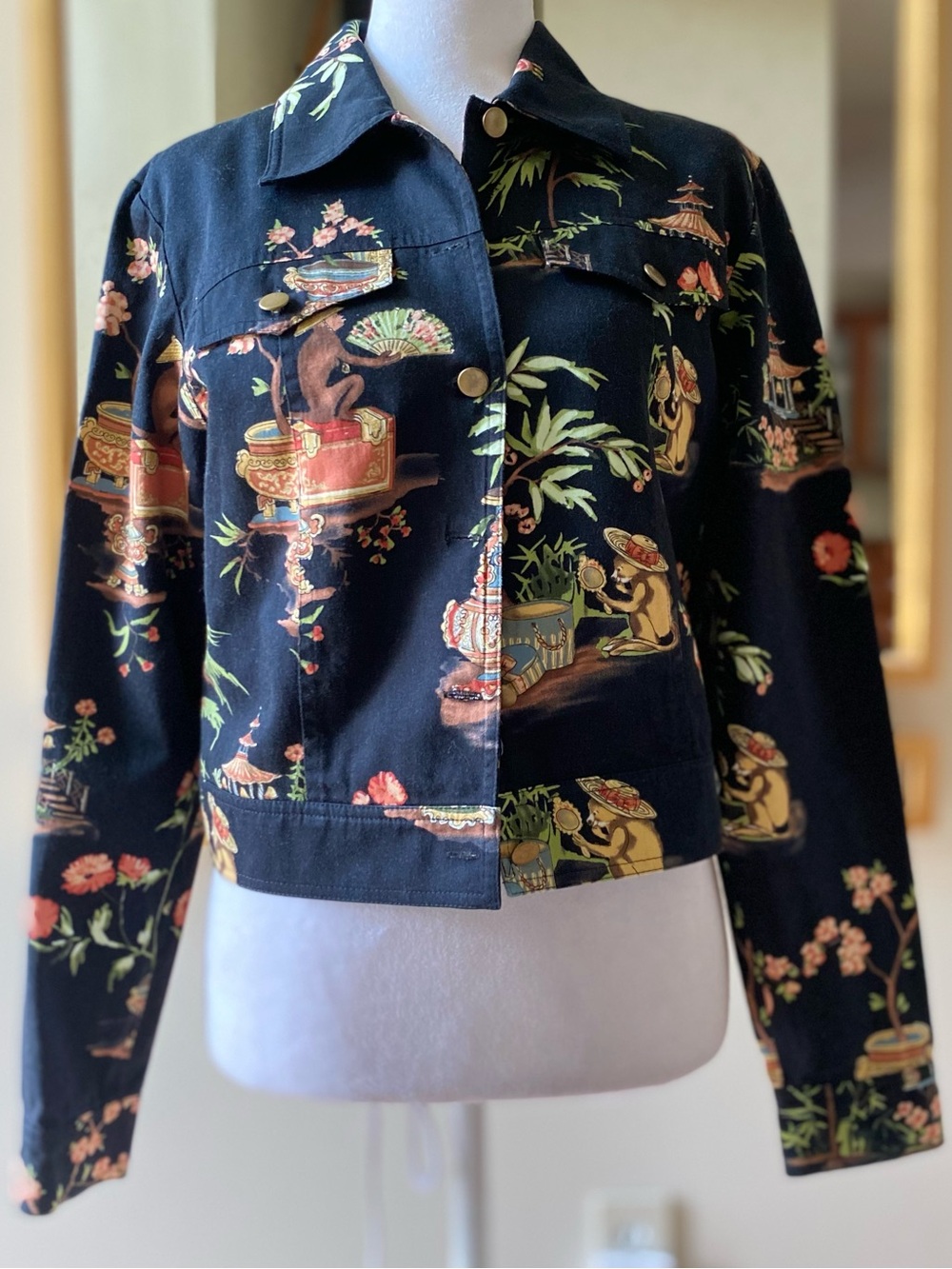 Maggy London Vintage cropped jacket Asian-inspired Chinoiserie print sz 6